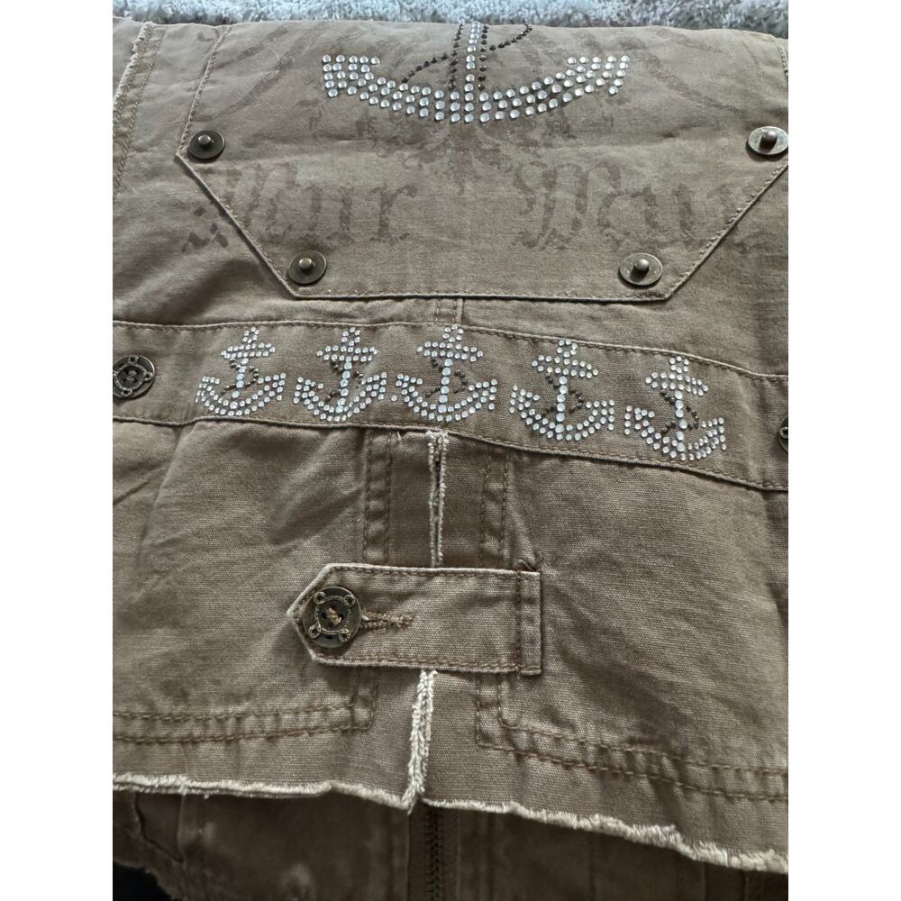 Distressed Brown Green Utility Vest Studded Anchor Graphic Moto Y2K Size S NWOT - Picture 4 of 7